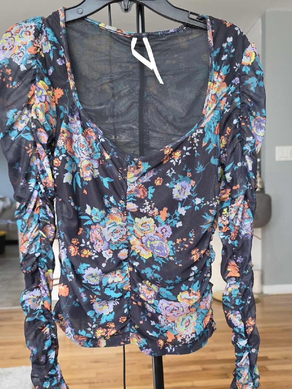 Anthropologie Black Floral Ruched Long-Sleeve Blouse